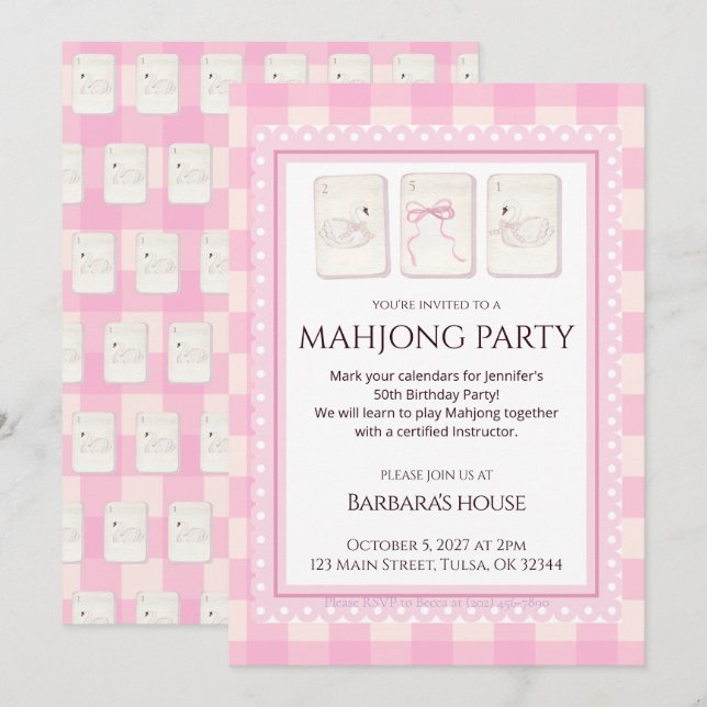 Invitación Mahjong Party Invitation, grandmillennial swans (Anverso / Reverso)
