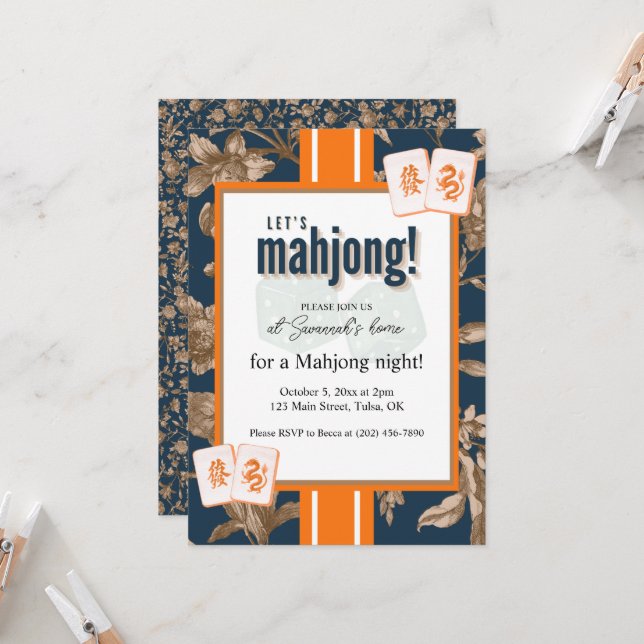 Invitación Mahjong Party Invitation, navy gold toile, tiles (Anverso/Reverso In Situ)