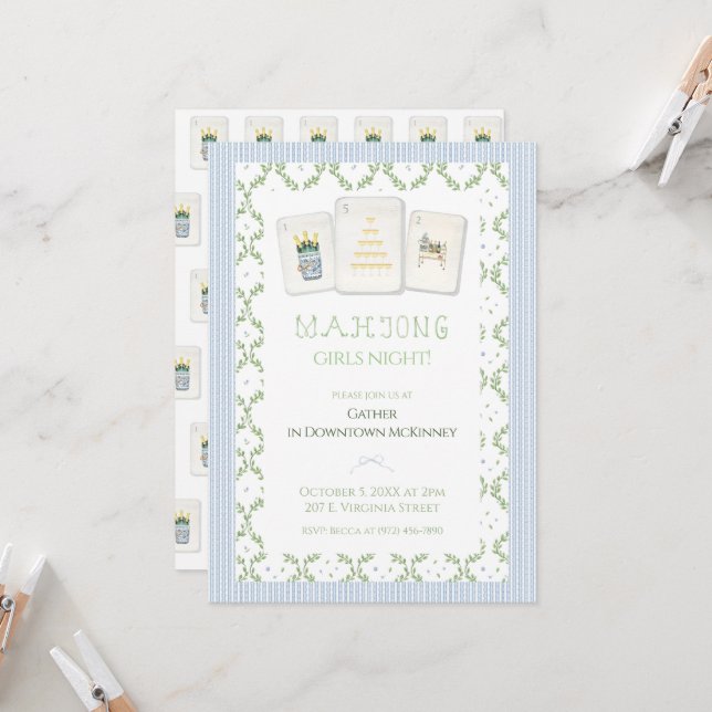 Invitación Mahjong Party Invitation, Preppy Champagne  (Anverso/Reverso In Situ)