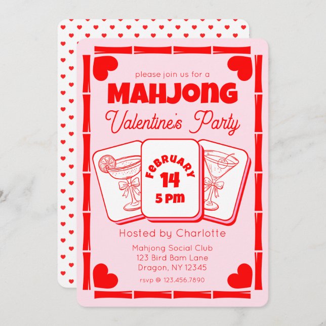 Invitación Mahjong Valentine's Pink Party Invitation (Anverso / Reverso)