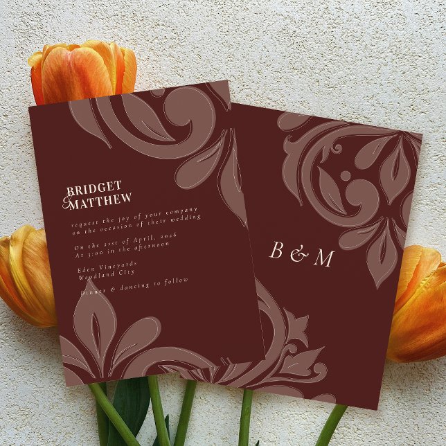 Invitación Mahogany Red Tasteful Classic Damask Wedding (Subido por el creador)