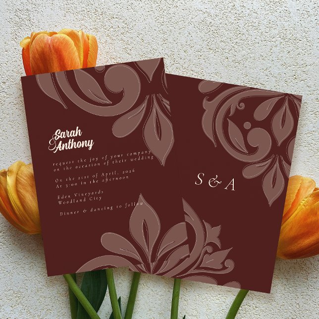 Invitación Mahogany Red Tasteful Elegant Damask Wedding (Subido por el creador)