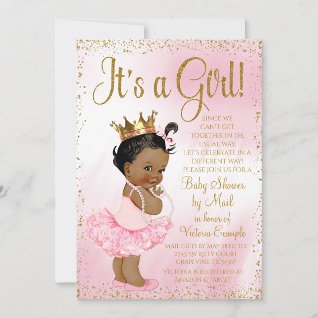 Invitación Mail Baby Shower Pink Gold African Princess Tutu (Anverso)