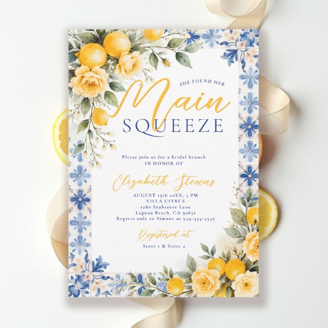 Invitación Main Squeeze Lemon Blue Italian Bridal Shower  (main squeeze bridal shower lemon italian theme mediterranean blue invitation summer brunch)