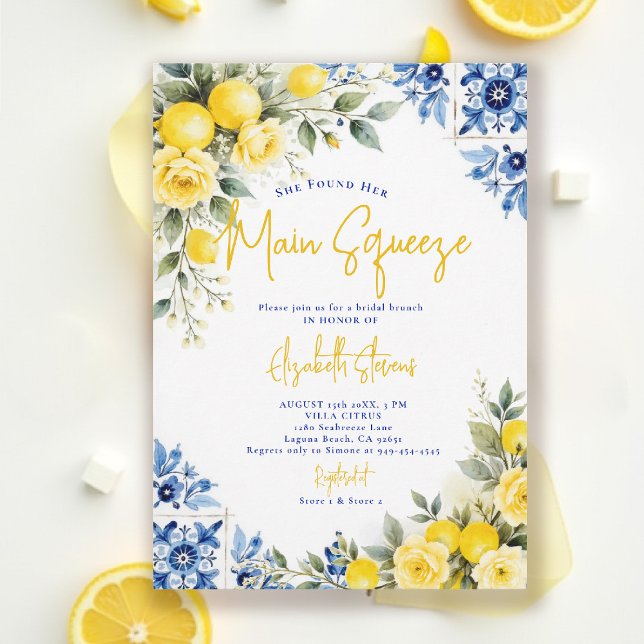 Invitación Main Squeeze Limón Azulejos Rosas Despedida de Sol (main squeeze bridal shower lemon italian theme mediterranean blue tile invitation summer)