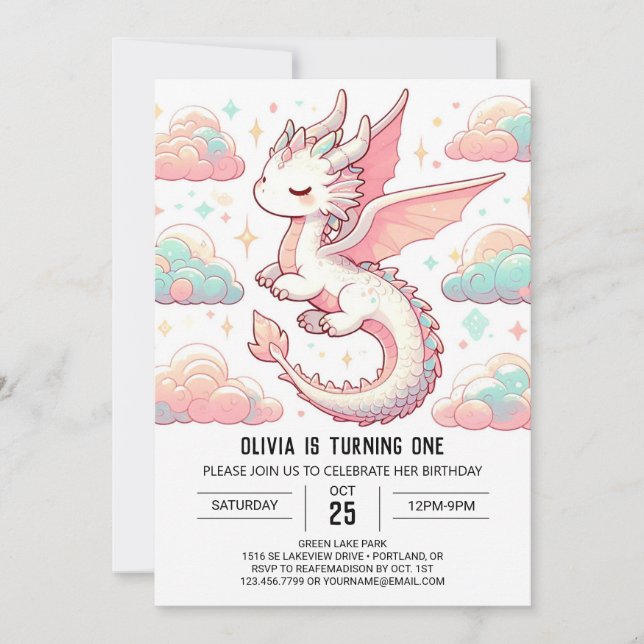 Invitación Majestic Adorable Dragón Primer Cumpleaños (Anverso)