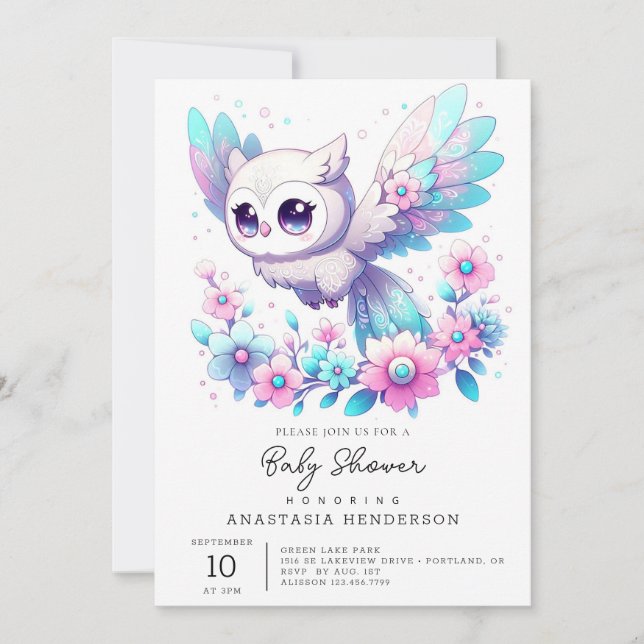 Invitación Majestic Fantasy Owl Baby Shower (Anverso)