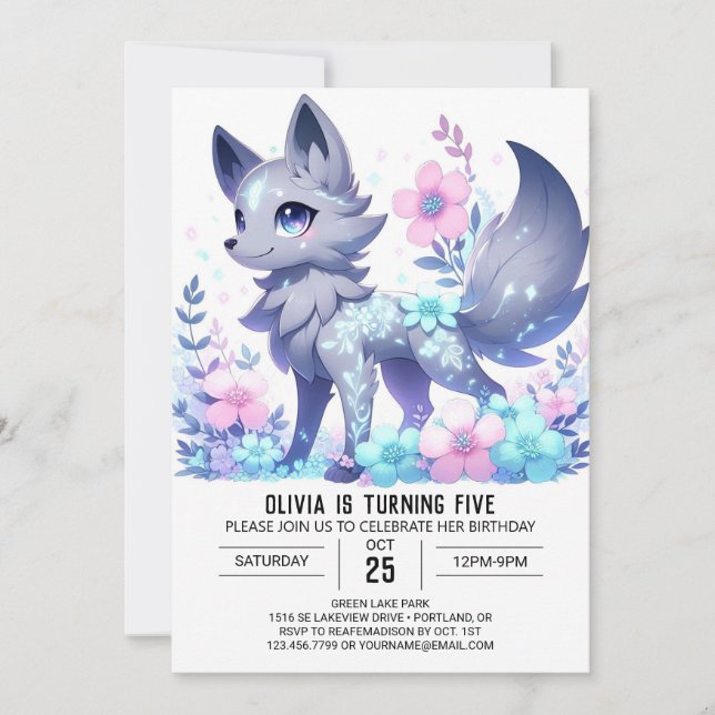 Invitación Majestic Floral Wolf Digital Birday (Anverso)