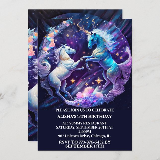 Invitación Majestic Unicornios Dancing Birday Party (Anverso / Reverso)