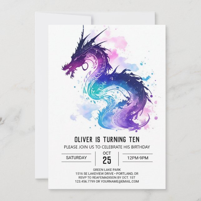 Invitación Majestic Watercolor Dragon Cumpleaños (Anverso)