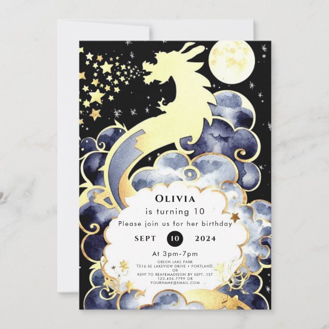 Invitación Majestic Watercolor Dragon Cumpleaños (Anverso)