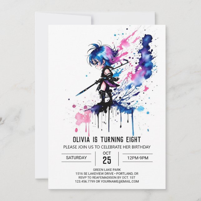 Invitación Majestic Whimsical Ninja Digital Chica Cumpleaños (Anverso)