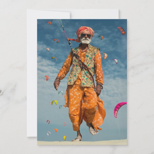 Invitación Majestuoso anciano indio comete volando en la play (Anverso)