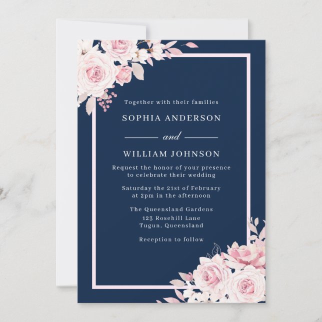 Invitación Majestuoso Boda de acuarela floral Rubor & Navy (Anverso)