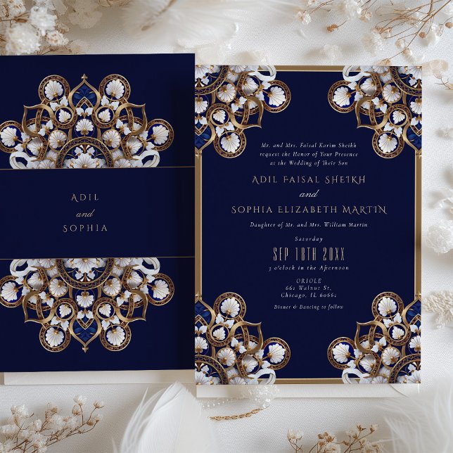 Invitación Majestuoso Boda floral dorado y azul medianoche (Subido por el creador)