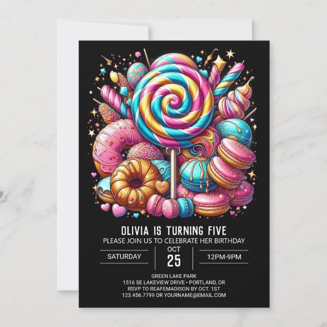 Invitación Majestuoso cumpleaños digital de Candyland Minimal (Anverso)