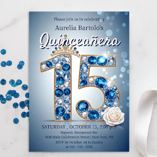 Invitación Majestuoso Diamante Azul y Plata Tiara Quinceanera