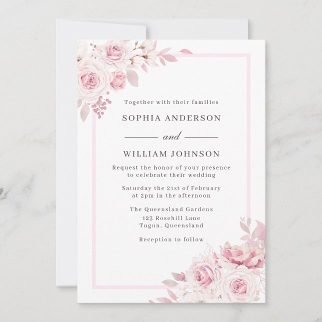 Invitación Majestuoso Rubor Hermoso Boda de acuarela floral (Anverso)