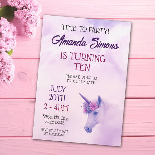 Invitación Majestuoso Unicornio Floral Rosa Cumpleaños 10