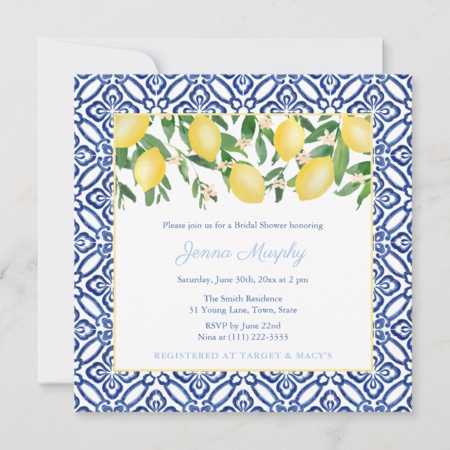 Invitación Majolica Lemons Blue & White Tiles Bridal Shower (Anverso)