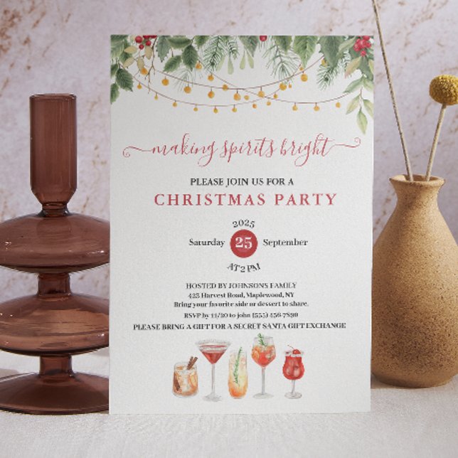 Invitación Making Spirits Bright Christmas Cocktail Party (Making Spirits Bright Christmas Cocktail Party Invitation botanic rustic holiday country farm style )