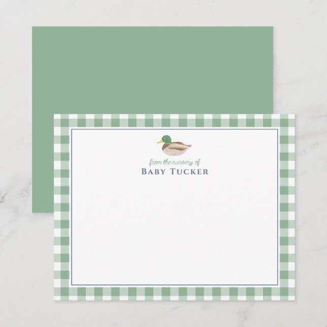 Invitación Malard Duck Preppy Gingham Baby Boy Note Cards (Anverso / Reverso)