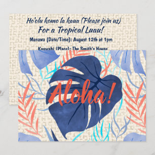 Invitación Maleah Monstera Tropical Hawaiana acuarela - Azul