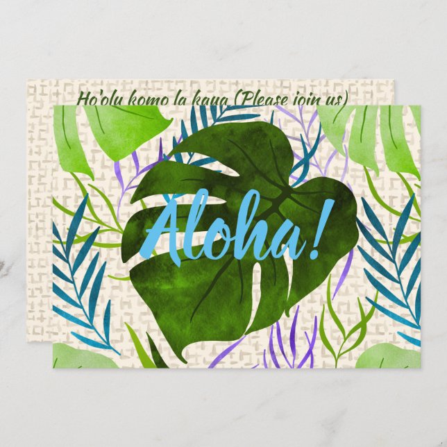 Invitación Maleah Monstera Tropical Hawaiana acuarela verde (Anverso / Reverso)