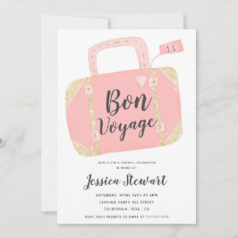 Invitación Maleta de bon voyage amarilla dorada rosa fiesta d