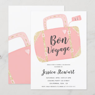 Invitación Maleta de Bon voyage dorada rosa amarilla dejando
