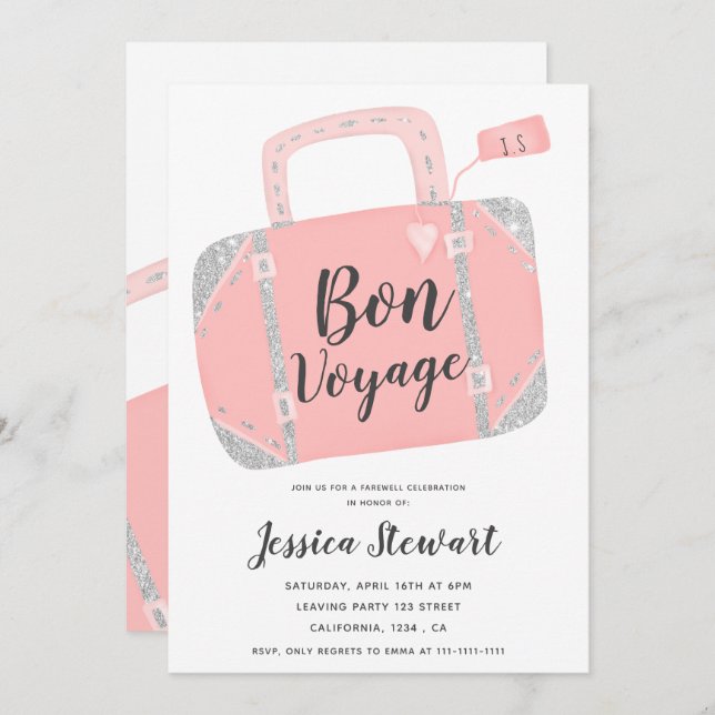 Invitación Maleta de Bon voyage rosa plateado dejando fiesta (Anverso / Reverso)