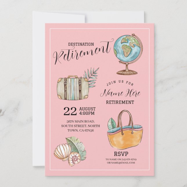 Invitación Maleta de Fiesta de Viaje de Jubilación de Mujer R (Anverso)