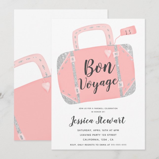 Invitación Maleta de viaje plateada rosa bon voyage fiesta de (Anverso / Reverso)