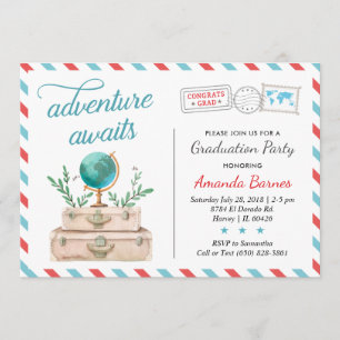 Invitación Maletas de avión de viaje Graduación Graduado Rojo