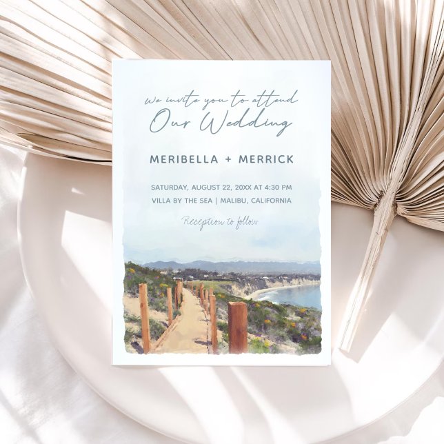 Invitación Malibu | Boda de acuarela del sendero oceánico de  (Subido por el creador)