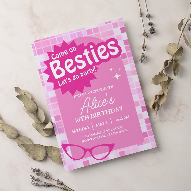 Invitación Malibu Doll Besties Beach Birthday Pink Purpurina (Subido por el creador)