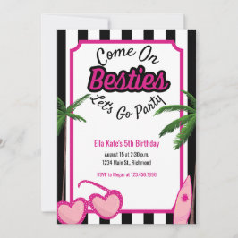 Invitación Malibu Doll Birthday Black White Stripe Tropical