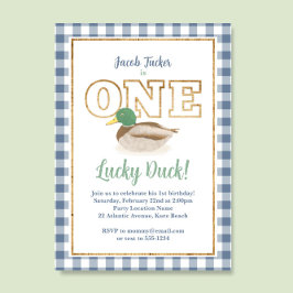 Invitación Mallard Duck Blue Plaid Hunting Boy 1er cumpleaños
