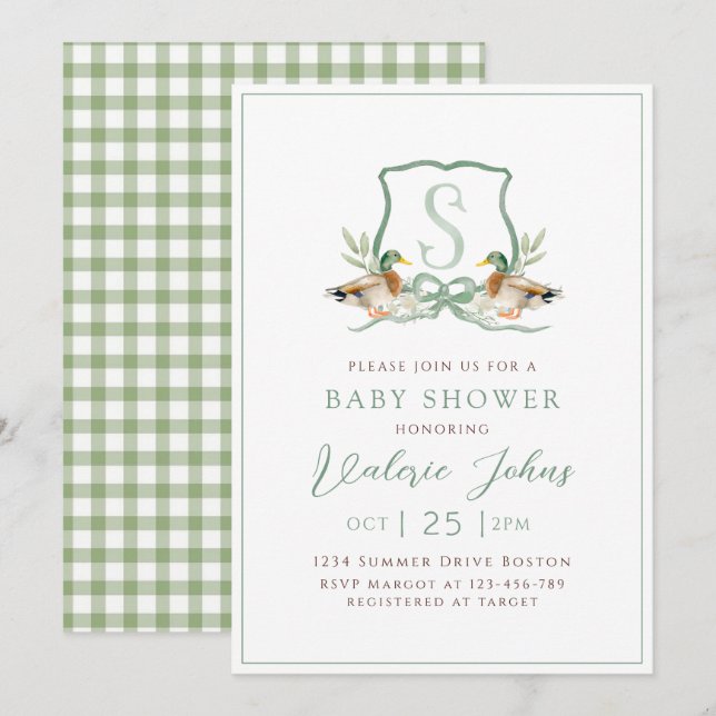 Invitación Mallard Duck Crest Monogram Baby shower  (Anverso / Reverso)