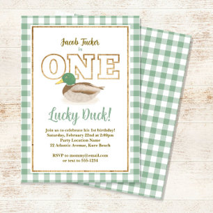 Invitación Mallard Duck Green Plaid Hunting Boy 1er cumpleaño