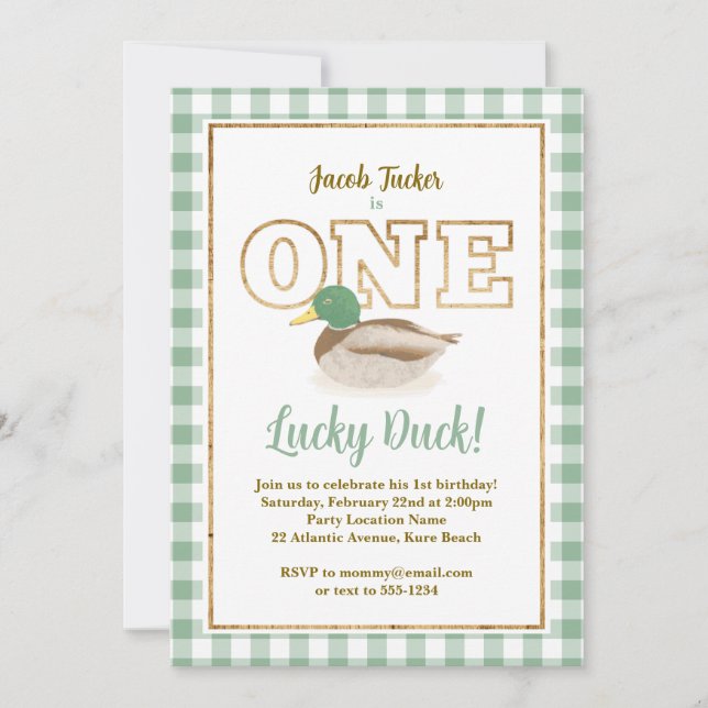 Invitación Mallard Duck Green Plaid Hunting Boy 1er cumpleaño (Anverso)