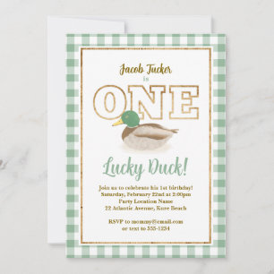 Invitación Mallard Duck Green Plaid Hunting Boy 1er cumpleaño