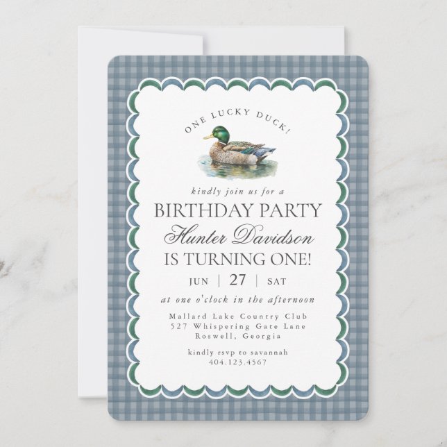 Invitación Mallard Duck Hunting Blue Gingham First Birthday (Anverso)