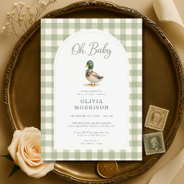 Invitación Mallard Duck Sage Green Gingham Baby Shower