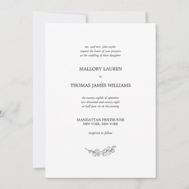 Invitación Mallory Elegant Boda simple de hojas botánicas (Anverso)