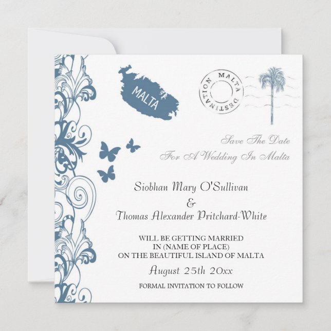 Invitación Malta Reserva la Fecha en Azul Malta (Anverso)