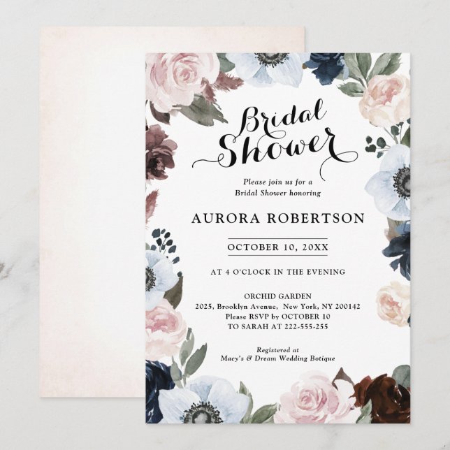 Invitación Malva azul turbio de la marina y ducha marrón rosa (Anverso / Reverso)