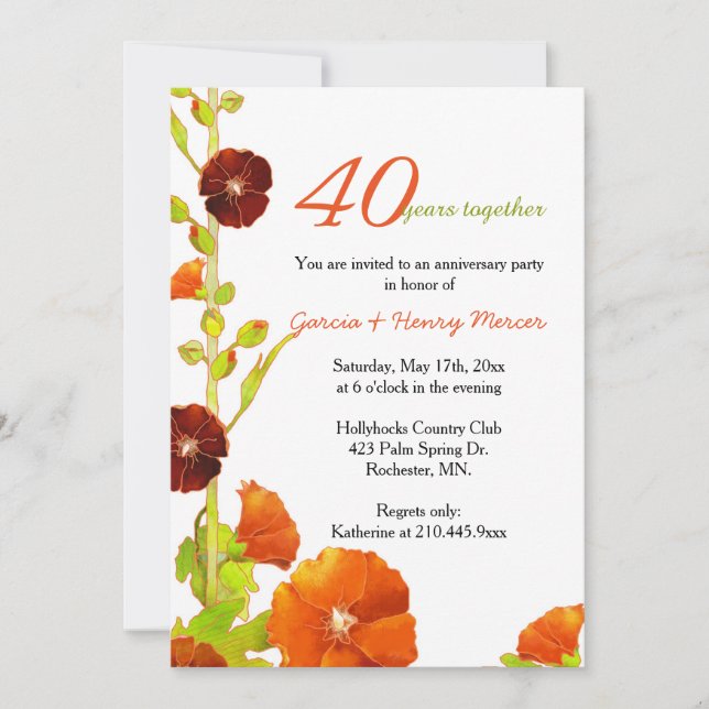 Invitación Malvarosas Rojas Blancas 40 Aniversario de Boda (Anverso)