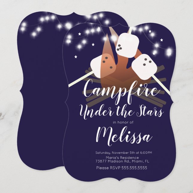 Invitación Malvaviscos de fogata Estrellas Camping Fiesta al  (Anverso / Reverso)