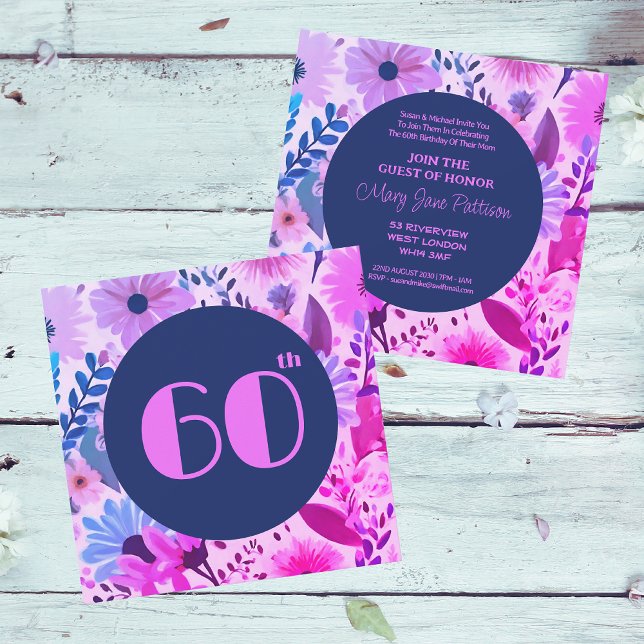 Invitación Mamá 60 Años Floral Rosa, Azul Y Púrpura (Front And Back)